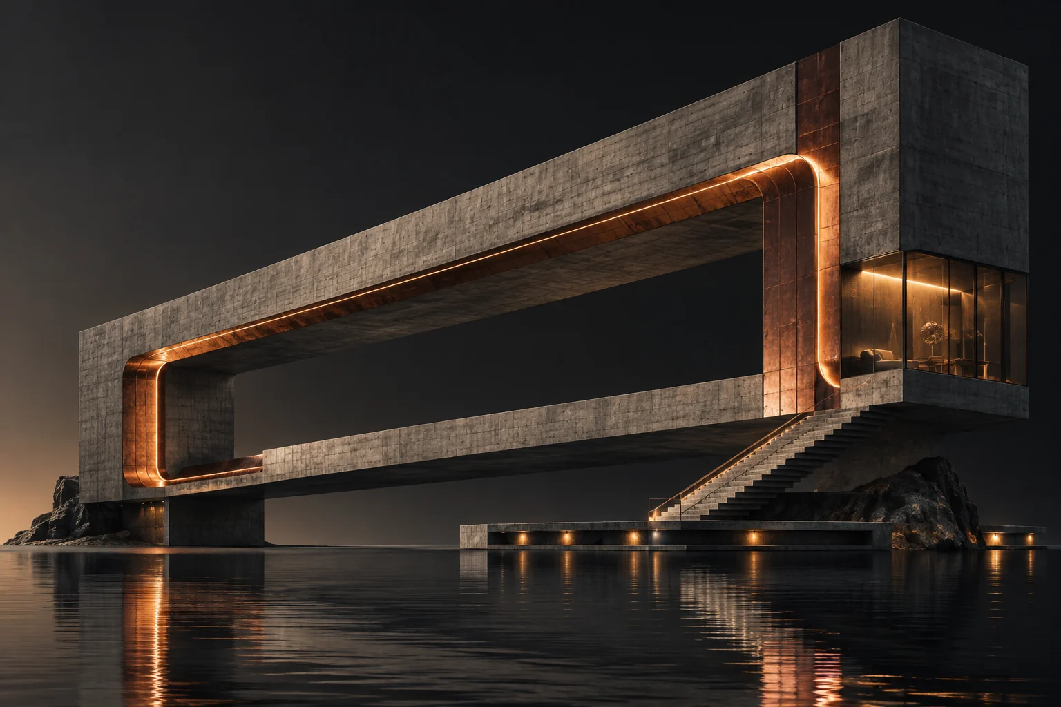 Conceptual concrete pavilion with a copper light loop and a glass room. This is not a completed project.